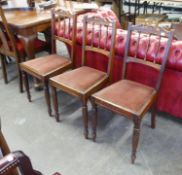 A SET OF THREE  EDWARDIAN MAHOGANY LIGHTWEIGHT SINGLE CHAIRS, WITH RAIL BACKS, PAD SEATS, TURNED