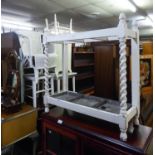 ITEMS OF  WHITE PAINTED FURNITURE TO INCLUDE; FOUR CHAIRS, A TWO DRAWER CHEST AND A SQUARE TOPPED