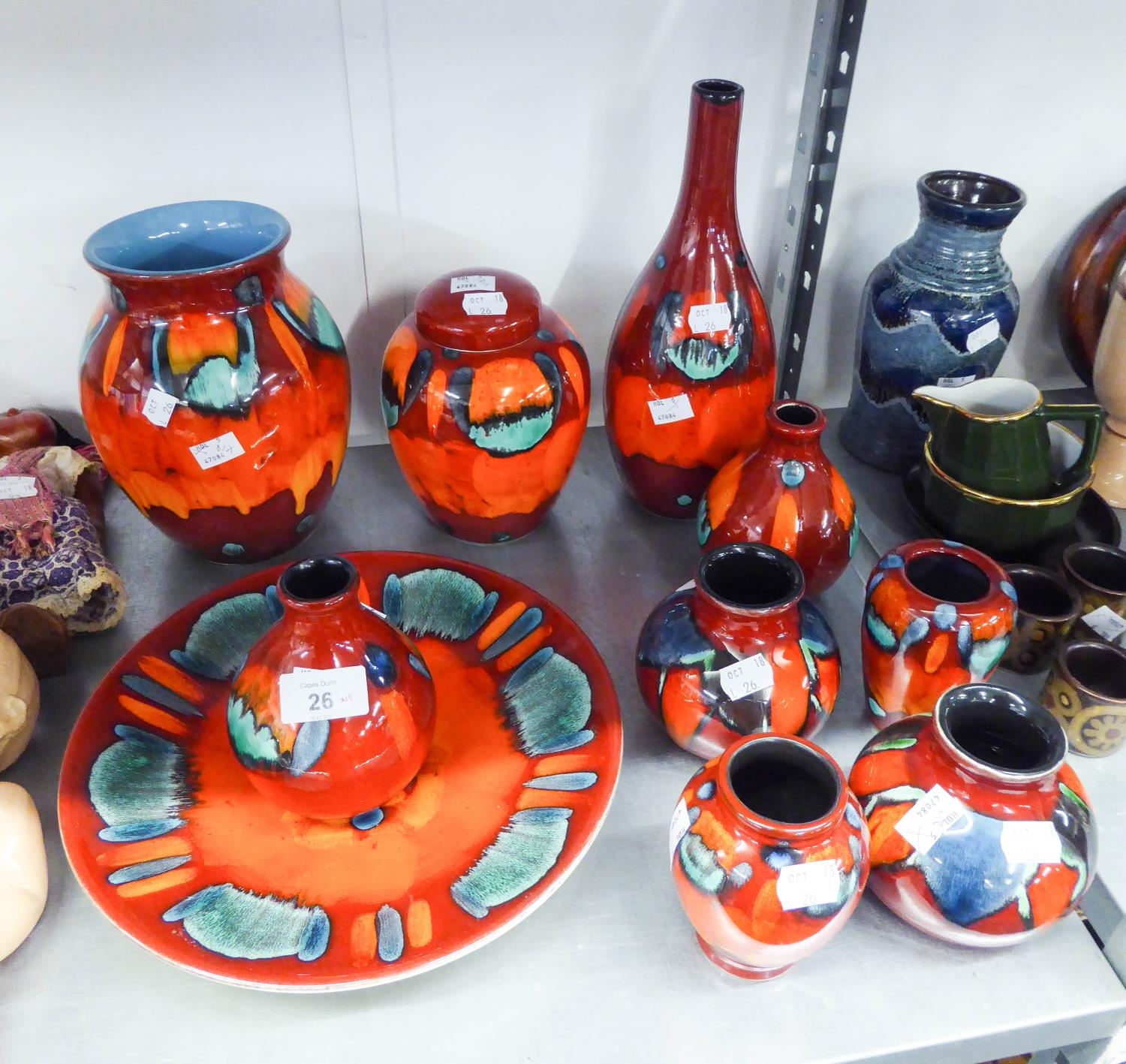 TEN PIECES OF MODERN POOLE POTTERY OF 1970's REVIVAL STYLE, A WEST GERMAN POTTERY VASE, DENBY AND