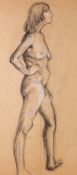 UNATTRIBUTED TWENTIETH CENTURY CHARCOAL DRAWING, HEIGHTENED IN WHITE  Study of a standing female