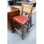 A LATE VICTORIAN BEECHWOOD TALL SEATED CHILD'S CHAIR WITH STRETCHERED SQUARE LEGS AND RED LEATHER