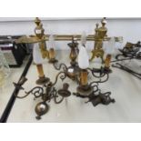 DUTCH STYLE FIVE BRANCH BRASS ELECTROLIER, AND A SIMILAR PAIR OF WALL LIGHTS, (3)