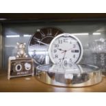 A MIRROR GLASS CIRCULAR QUARTZ WALL  CLOCK; A WOODEN PERPETUAL CALENDAR WITH TEDDY BEAR