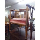 AN EDWARDIAN BOXWOOD INLAID MAHOGANY DRAWING ROOM TUB CHAIR WITH PINK VELOUR COVERED SEAT