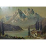 CONTINENTAL SCHOOL (20th Century) OIL ON CANVAS Alpine scene Indistinctly signed lower left 20in x