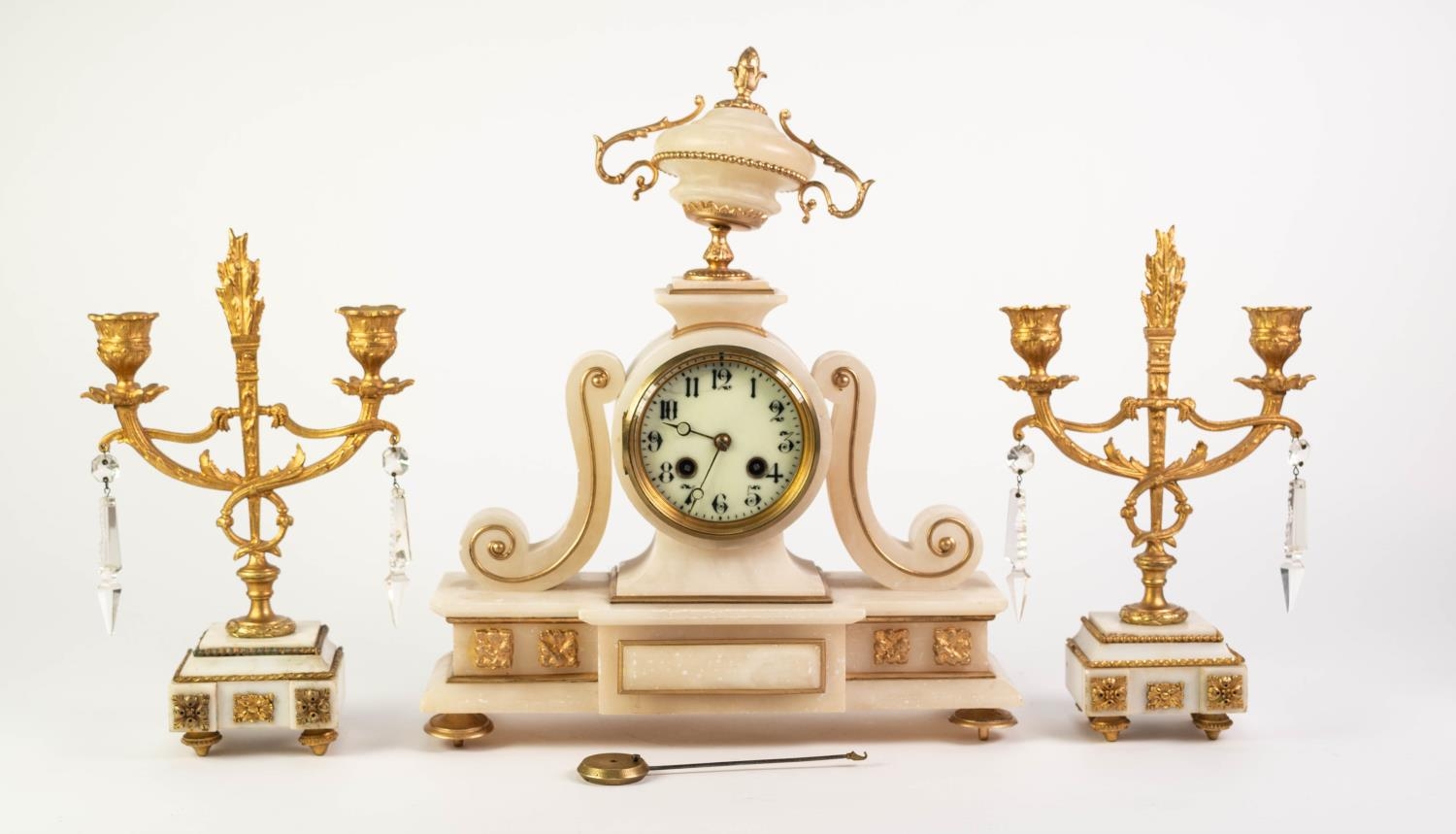 LATE NINETEENTH CENTURY FRENCH GILT METAL MOUNTED WHITE ALABASTER MATCHED THREE PIECE CLOCK