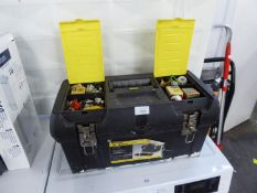 YELLOW AND BLACK PLASTIC LARGE TOOL BOX WITH HAND TOOLS