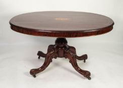 MID VICTORIAN INLAID BURR WALNUT AND ROSEWOOD OVAL BREAKFAST TABLE, the crossbanded, tilt-top with