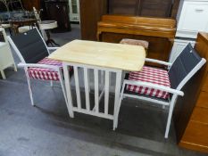 A SMALL BLONDE BEECH WOOD OBLONG DINING TABLE, ON WHITE FINISH SUPPORTS AND WITH SLATTED SIDES, 2?