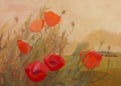 IRENE HALLIDAY (b.1931) GOUACHE DRAWING ?Poppy Crop? Signed, titled and dated 1974 to artist label
