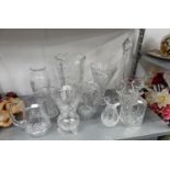 A SELECTION OF CUT GLASS VASES, TO INCLUDE; A LARGE VASE 30.5cm HIGH, WITH ROSE ETCHED DECORATION, A