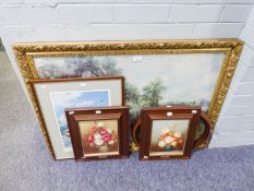 A PAIR OF MODERN SMALL OIL PAINTINGS, VASES OF FLOWERS, SIGNED TOMA AND AN OVAL COLOUR PRINT,