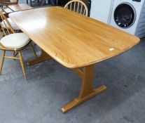 ERCOL BLONDE ELM OBLONG REFECTORY STYLE DINING TABLE, WITH ROUNDED CORNERS, ON PANEL END SUPPORTS