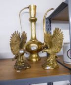 A BRASS EASTERN COFFEE POT/EWER AND A MATCHING PAIR OF EAGLES  (3)