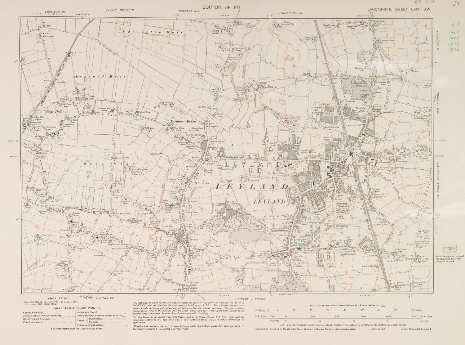 TWO ORDNANCE SURVEY MAPS, LEYLAND Lancashire Sheet 69 S.W. 1931 and BRETHERTON & CROSTON, Lancashire - Image 2 of 2
