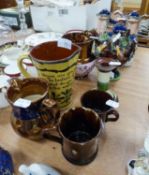 THREE COPPER LUSTRE POTTERY JUG, chips to the spouts, TWO FLAT BACK STAFFORDSHIRE POTTERY HOUSES,