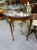 A SMALL MAHOGANY SEMI-CIRCULAR HALL TABLE, ON THREE CABRIOLE LEGS