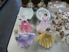 FOUR MODERN ROYAL DOULTON CHINA CRINOLINE FIGURES AND TWO VICTORIAN POTTERY BLUE AND WHITE