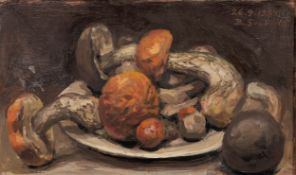 FRED SVOBODA (TWENTIETH CENTURY) OIL ON BOARD Still Life- mushrooms on a white plate Signed and