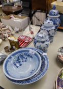 ORIENTAL PAINTED BLUE AND WHITE PROCELAIN HEXAGONAL JAR AND DOMED COVER; TWO ORIENTAL BLUE AND WHITE