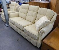 G-PLAN THREE SEATER SETTEE, COVERED IN OATMEAL COLOURED WOVEN FABRIC AND A MATCHING ARMCHAIR (2)