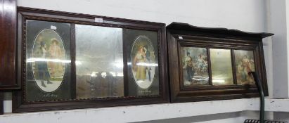 EDWARDIAN OAK OVER MANTEL WITH MIRROR FLANKED BY PRINTS x 2