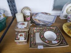 SIX ITEMS OF WEDGWOOD 'CLIO' to include; A CLOCK, TWO SQUARE TRINKET BOXES AND COVERS, CANDLESTICK