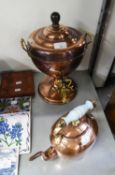 AN EARLY TWENTIETH CENTURY COPPER AND BRASS TEA URN, ALSO A COPPER KETTLE (2)