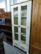 A WHITE FINISH TALL DISPLAY CABINET WITH TWO PANE PANEL GLAZED DOORS AND TWO SHORT DRAWERS BELOW, 3?