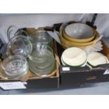 SEVEN BUFF GLAZED MIXING BOWLS, OTHERS, SMALLER and a SMALL QUANTITY OF PYREX AND SIMILAR KITCHEN