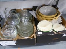 SEVEN BUFF GLAZED MIXING BOWLS, OTHERS, SMALLER and a SMALL QUANTITY OF PYREX AND SIMILAR KITCHEN