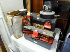 A SELECTION OF HAND TOOLS (CONTAINED IN TWO SMALL TOOL BOXES), A BLACK AND DECKER DRILL AND A 10m