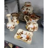 SIX ITEMS OF MASONS IRONSTONE 'BROWN VELVET' TO INCLUDE; A RACK PLATE, GINGER JAR AND LID, JUG,