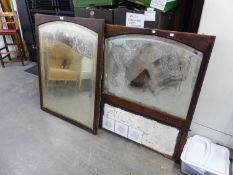 A LARGE OAK FRAMED MIRROR, WITH ARCHED TOP AND ETCHING AND A SIMILAR MIRROR WITH TILES BELOW (SOME