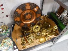 COLLECTION OF ANTIQUE AND LATER BRASS WARES, including: SKIMMER, CHAMBER STICKS, ODD CANDLESTICKS,