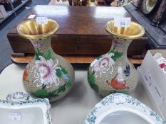 A PAIR OF ORIENTAL MODERN CLOISONNÉ ENAMELLED PEAR SHAPED VASES, WITH WAISTED NECKS, DECORATED