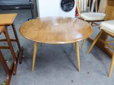 ERCOL BLONDE ELM CIRCULAR COFFEE TABLE, ON TURNED TAPERING LEGS, 2?5? DIAMETER