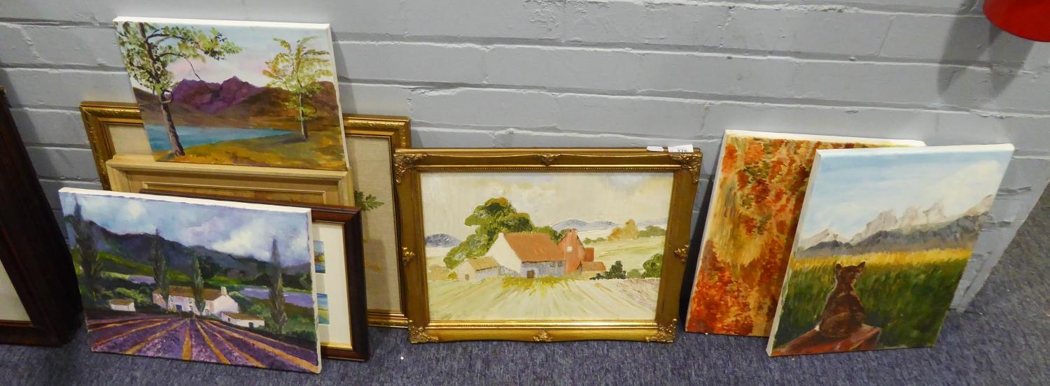 AMATEUR OIL PAINTING AND WATERCOLOURS, MANLY RURAL SUBJECTS, AND A NEEDLEWORK PICTURE ETC... (8)