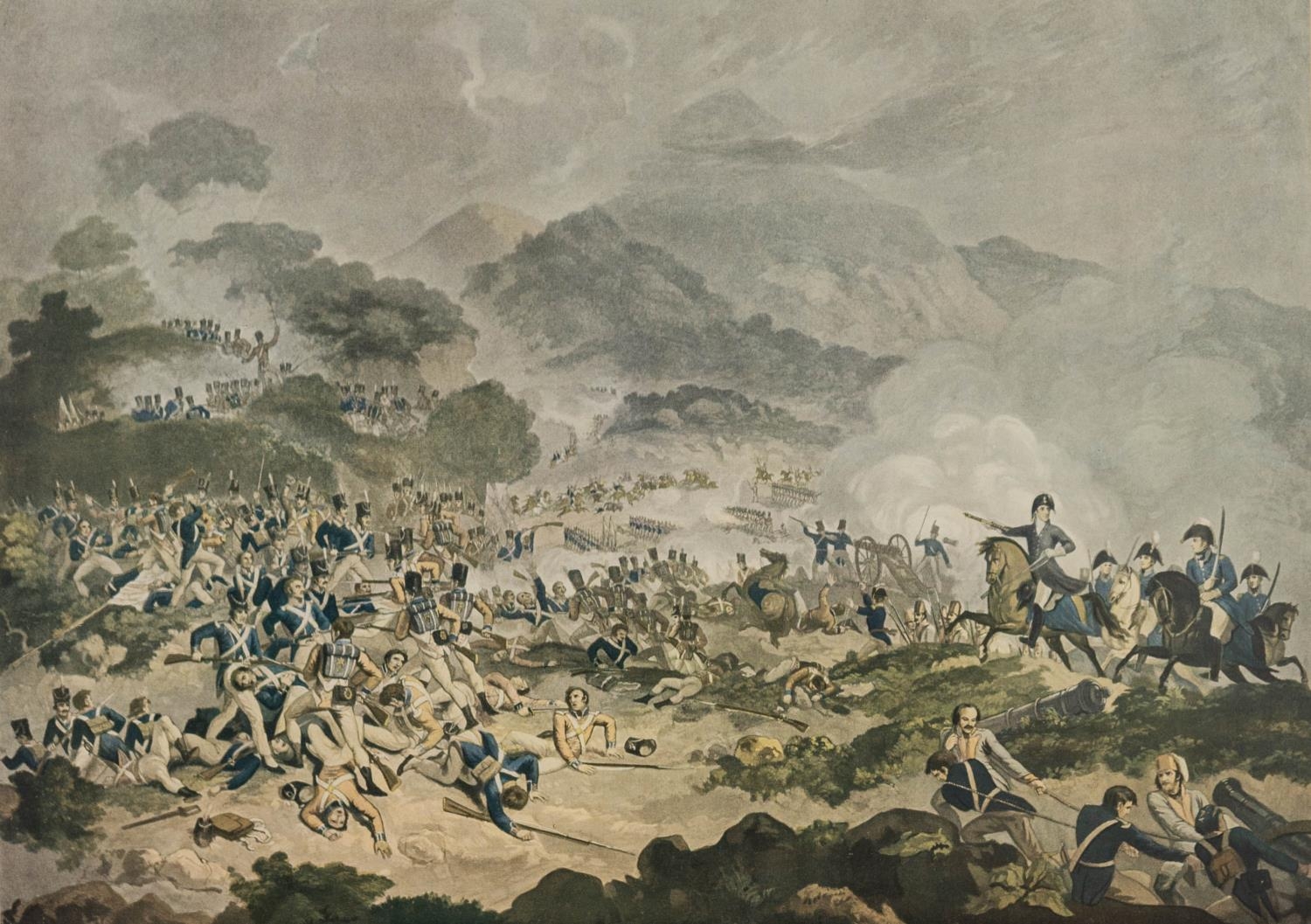 FOUR COLOUR PRINT REPRODUCITONS OF 19th CENTURY COLOURED ETCHINGS OF BRITISH BATTLE SCENES: Battle - Image 4 of 4