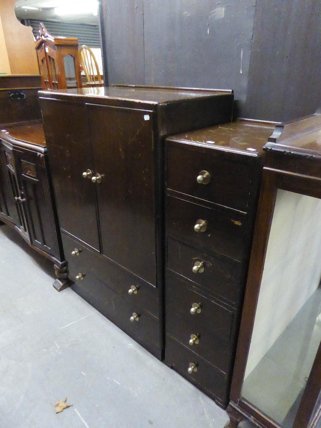 A MAHOGANY TWO DOOR SEMI-FITTED WARDROBE,  AN OAK TALL BOY HAVING TWO CUPBOARDS OVER TWO DRAWERS AND - Image 2 of 2