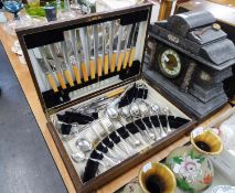 A 1930's OAK CANTEEN OF ELECTROPLATED CUTLERY FOR SIX PERSONS WITH ASSOCIATED FISH KNIVES AND