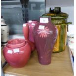 THREE WARDLE POTTERY ITEMS WITH PINK CRACKLE GLAZE, VIZ OVOID VASE AND MALLET SHAPE VASE, 8 1/2" (