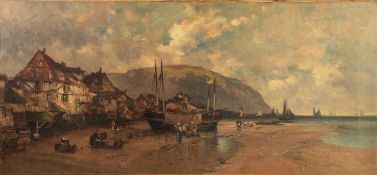 CONTINENTAL SCHOOL (NINETEENTH CENTURY)  OIL ON CANVAS  A coastal scene with beached fishing