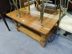 A LARGE PINE PLANKED SQUARE COFFEE TABLE, WITH UNDER PLATFORM, ON BALUSTER LEGS, 3? WIDE