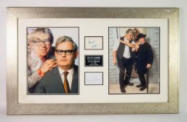 THE TWO RONNIES AUTOGRAPHS ON SEPARATE CARDS framed as a montage with two photographic colour images