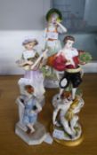 FIVE CAPO DI MONTE AND OTHER MODERN FIGURES INCLUDING; A LADY PLAYING A MANDOLIN, 8" HIGH