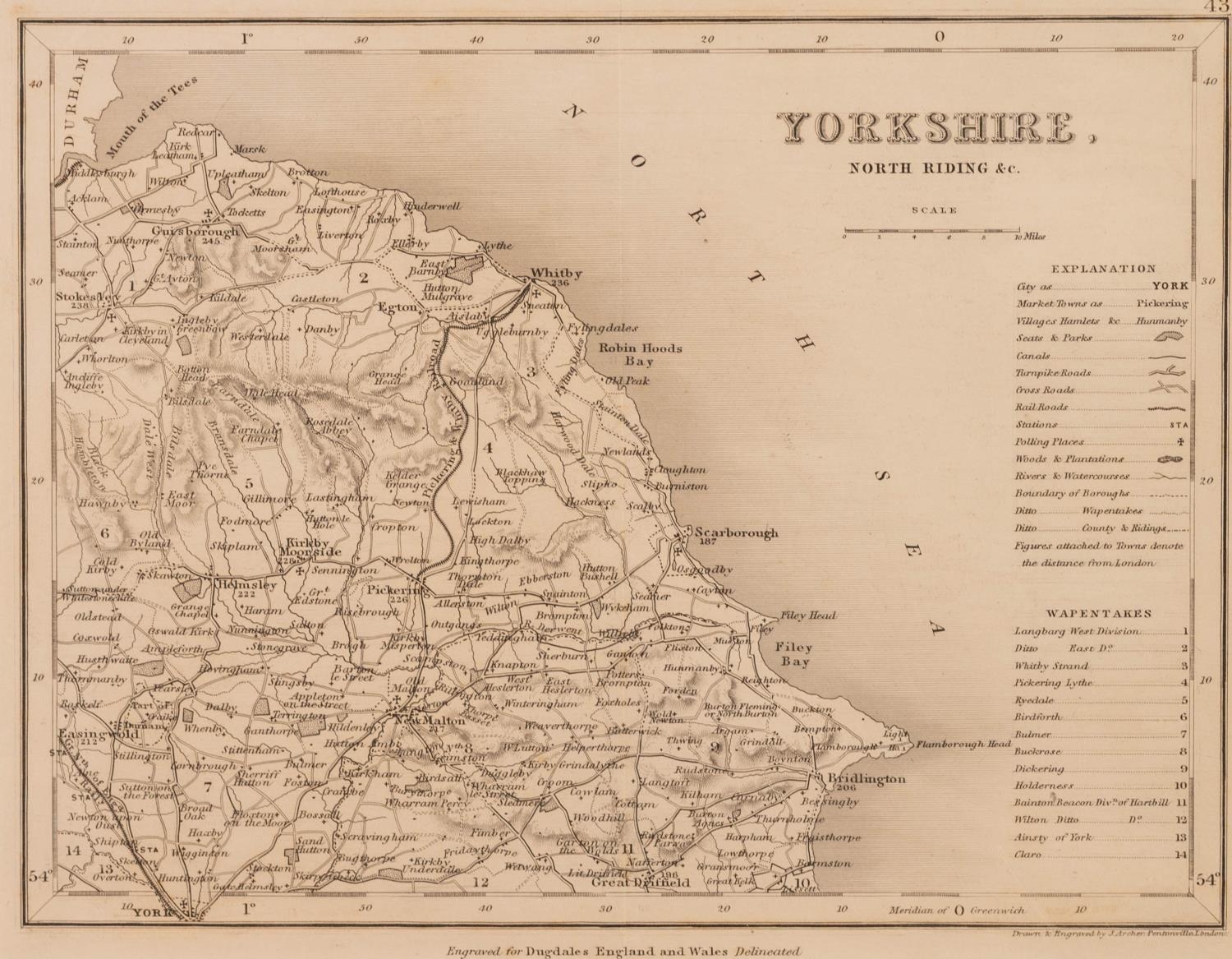 JOSHUA ARCHER c. 1845, ANTIQUE MAP, NORTH RIDING OF YORKSHRE, 7in x 9in (18 x 23cm), mounted and