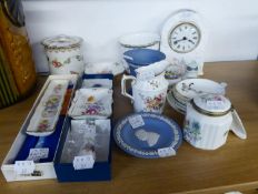 SELECTION OF DECORATIVE CHINA ITEMS TO INCLUDE; AYNSLEY MILESTONE SHAPED MANTEL CLOCK; SIX ROYAL