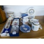 SELECTION OF DECORATIVE CHINA ITEMS TO INCLUDE; AYNSLEY MILESTONE SHAPED MANTEL CLOCK; SIX ROYAL