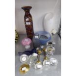 A TALL SQUARE MDINA STUDIO GLASS VASE, A GLASS WEDGWOOD MUSHROOM ORNAMENT, A PAIR OF GLASS DOOR